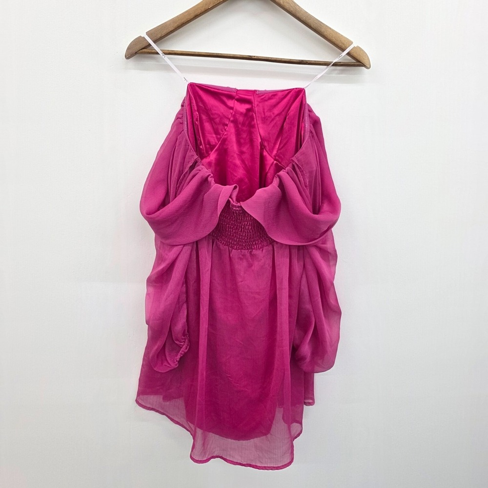 Lulus Womens S Fuchsia Off Shoulder Chiffon Babydoll Dress Sheer Sleeve Romantic - Picture 3 of 15